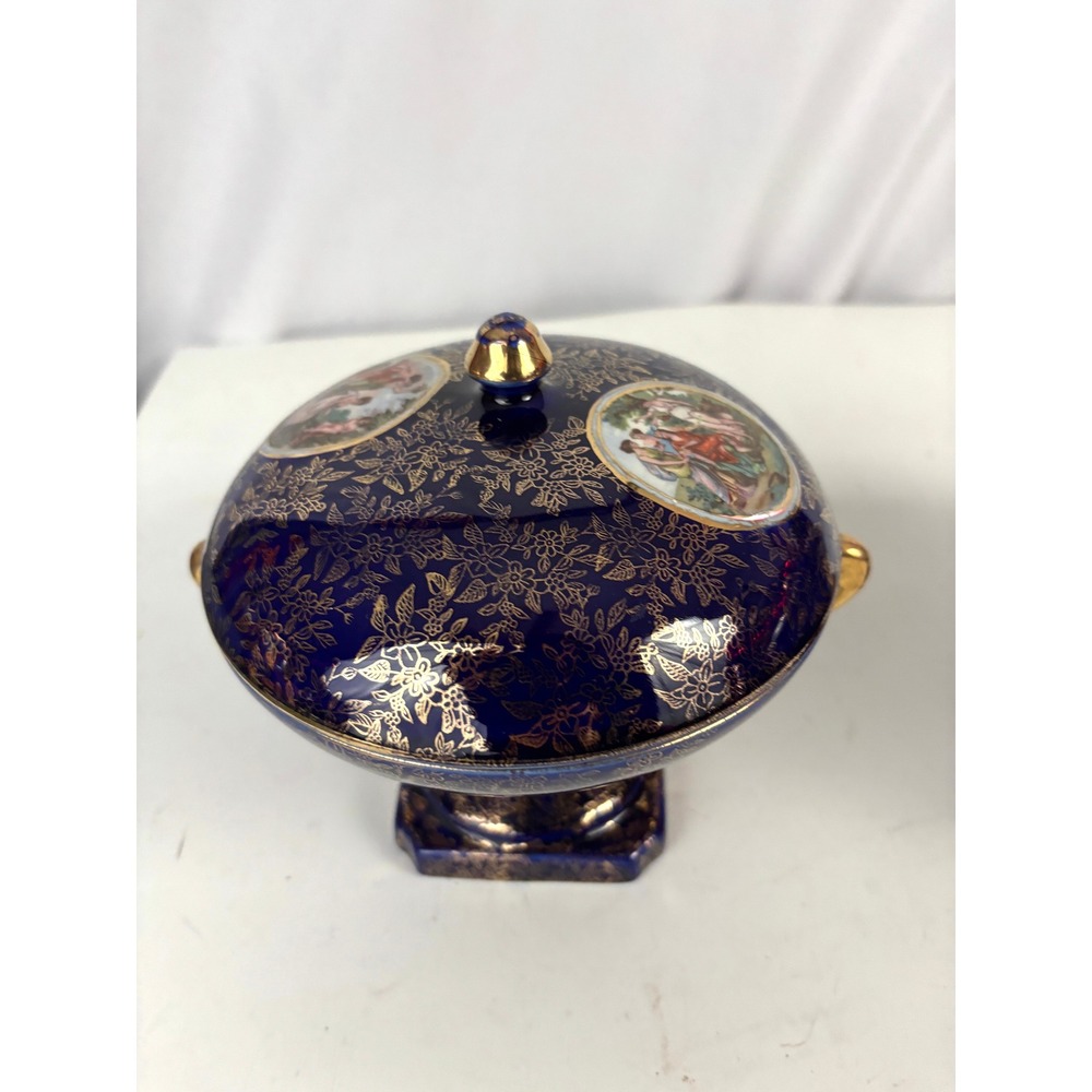 Vintage Cobalt‎ Blue Footed Covered Candy Dish Pair Gold Floral Japan - Picture 2 of 16